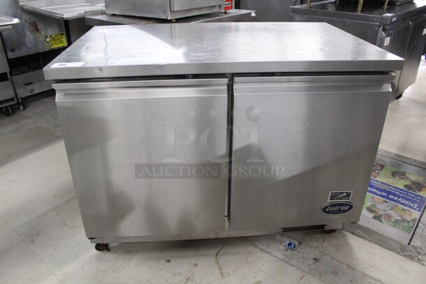 NICE! Entree Model UR48-Q Commercial Stainless Steel Undercounter Refrigerator/Cooler On Commercial Casters. 48x30x35.5. 115V/60Hz. Working When Removed!