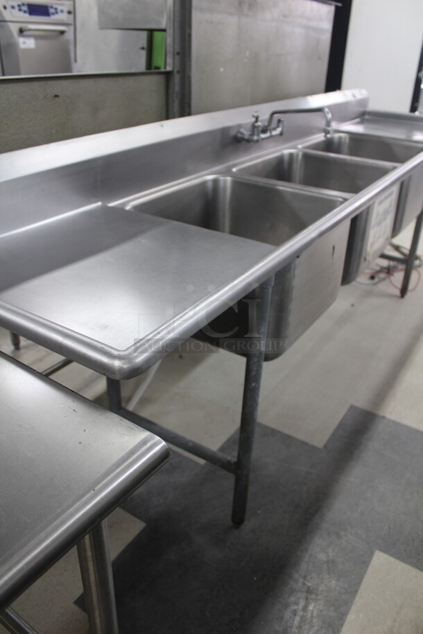 GREAT! Commercial Stainless Steel 3 Compartment Sink With Faucet And Double Drainboards. 113.5x26.5x42 - Image 6 of 6