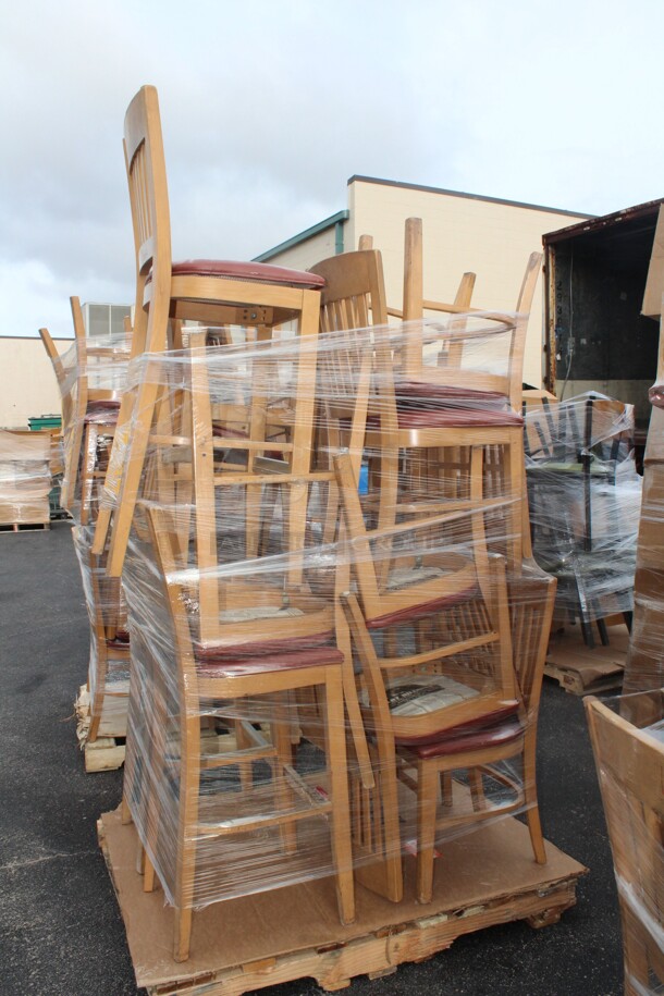 Pallet Of 7 Wood Commercial Dining Chairs (18x17x34) And 7 Wood Commercial Dining Barstools (18x17x45). 14X Your Bid!  