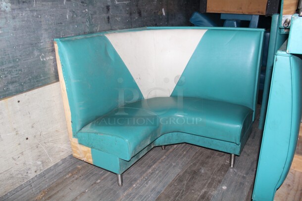 Lot Of Aqua/White Retro Commercial Dining Booths Including (1) 3/4 Moon Booth, (5) 44" Single Booths, (2) 44" Double Booths, (1) 60" Double Booth, (1) 60" Single Booth.  10X Your Bid!  - Image 1 of 6