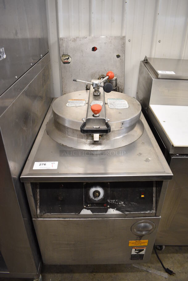 FANTASTIC! BKI Model FKM-F Stainless Steel Commercial Floor Style Electric Powered Pressure Fryer on Commercial Casters. 208 Volts, 3 Phase. 24x39x50