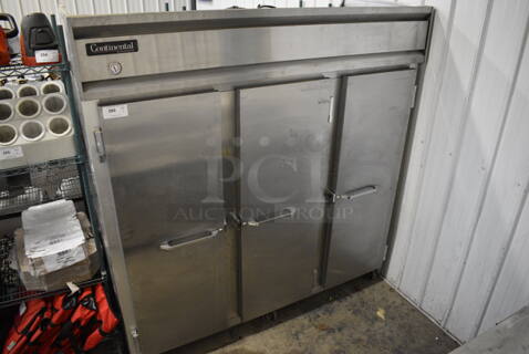 GREAT! Continental Model 3R Stainless Steel Commercial 3 Door Reach In Cooler on Commercial Casters. 115 Volts, 1 Phase. 78.5x36x82. Tested and Powers On But Temps at 47 Degrees