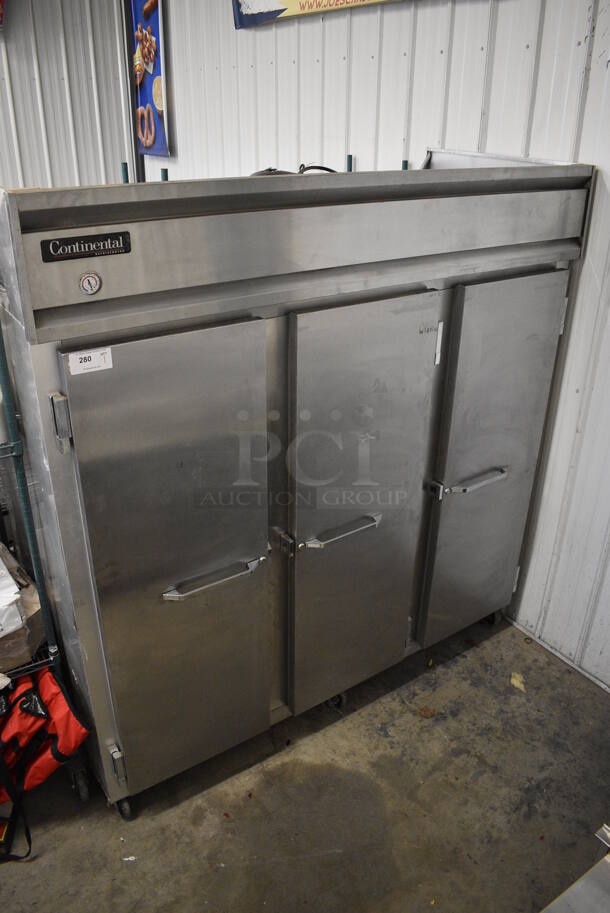 GREAT! Continental Model 3R Stainless Steel Commercial 3 Door Reach In Cooler on Commercial Casters. 115 Volts, 1 Phase. 78.5x36x82. Tested and Powers On But Temps at 47 Degrees - Image 2 of 12