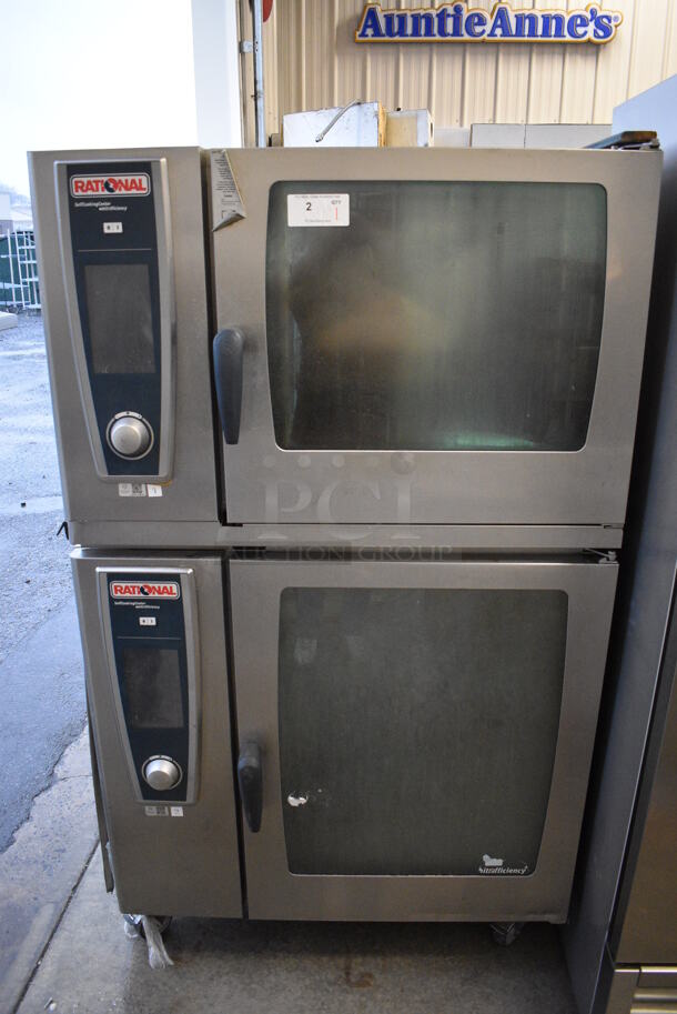 2 GORGEOUS! Rational Stainless Steel Commercial Combitherm 5 Senses Self Cooking Center Convection Ovens on Commercial Casters. Top Model: SCC WE 62. Bottom Model: SCC WE 102. 480 Volts, 3 Phase. 42x40x73. 2 Times Your Bid!