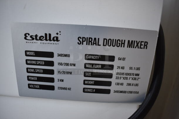 BRAND NEW! FANTASTIC! Estella Model 348SM60 Metal Commercial Floor Style 64 Quart Spiral Mixer w/ Stainless Steel Mixing Bowl and Dough Hook Attachment. 220 Volts. 23x33x41 - Image 5 of 6