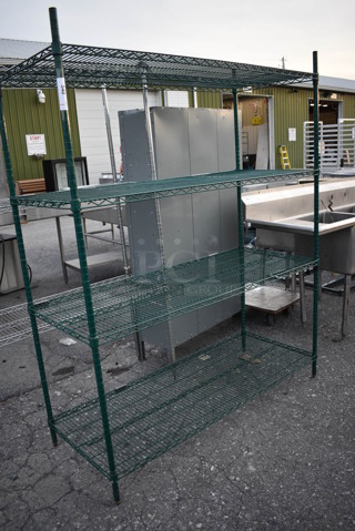 Green Finish 4 Tier Shelving Unit. BUYER MUST DISMANTLE. PCI CANNOT DISMANTLE FOR SHIPPING. PLEASE CONSIDER FREIGHT CHARGES. 60x24x75