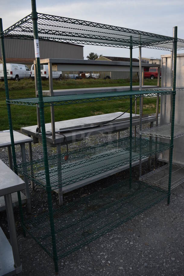 Green Finish 4 Tier Shelving Unit. BUYER MUST DISMANTLE. PCI CANNOT DISMANTLE FOR SHIPPING. PLEASE CONSIDER FREIGHT CHARGES. 60x24x75 - Image 1 of 3