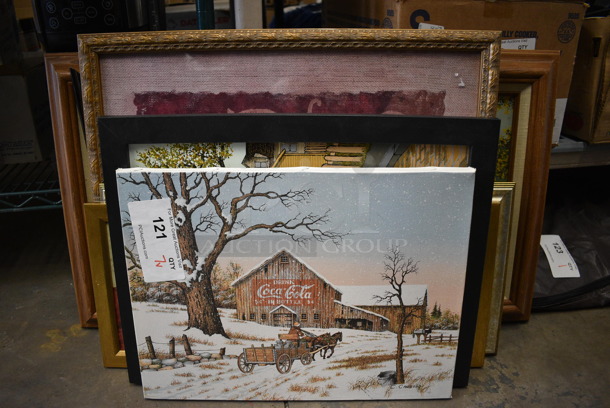 7 Various Pictures; Coca Cola Barn, Blue Car, Coffee Is My Happy Place, Bird, Boat, Flower, Farm and Man. 7 Times Your Bid! - Image 1 of 8