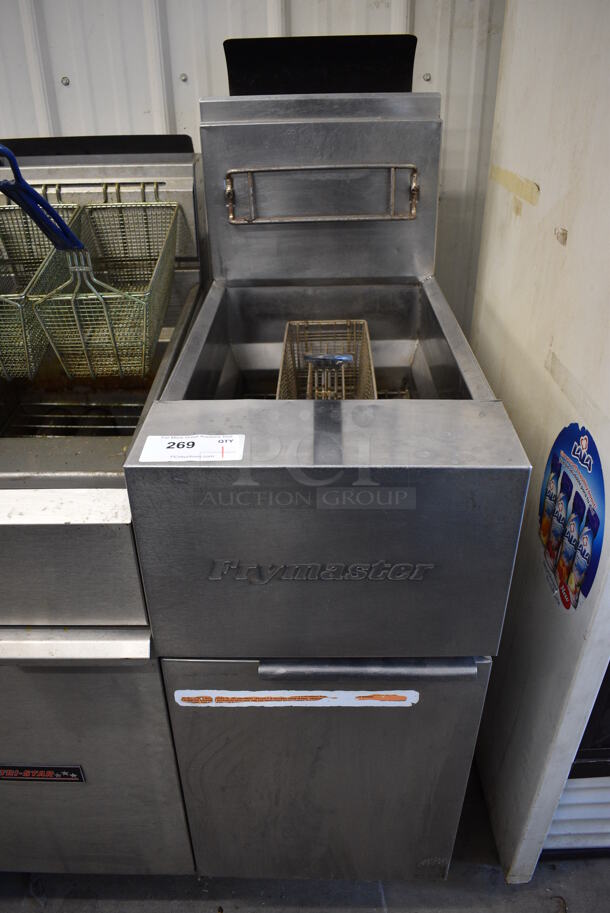 NICE! Frymaster Model GF40SD Stainless Steel Commercial Floor Style Natural Gas Powered Deep Fat Fryer w/ Metal Fry Baskets. 122,000 BTU. 15.5x31x52