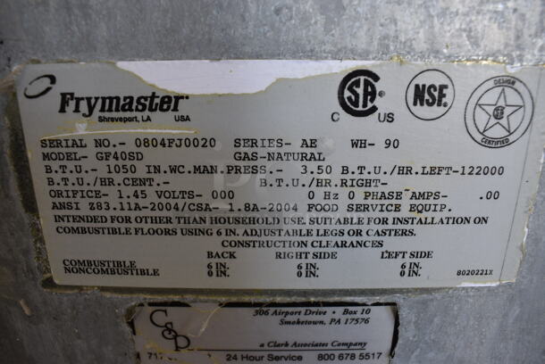 NICE! Frymaster Model GF40SD Stainless Steel Commercial Floor Style Natural Gas Powered Deep Fat Fryer w/ Metal Fry Baskets. 122,000 BTU. 15.5x31x52 - Image 6 of 6