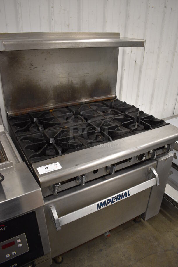 WONDERFUL! Imperial Stainless Steel Commercial Gas Powered 6 Burner Range w/ Lower Oven and Stainless Steel Overshelf. 36x31x57 - Image 7 of 8