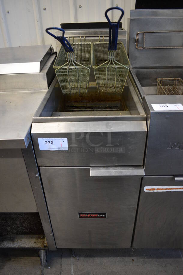 NICE! Tri Star Model TSF-S-4050-N Stainless Steel Commercial Floor Style Natural Gas Powered Deep Fat Fryer w/ 2 Metal Fry Baskets. 38,000 BTU. 15.5x32x47