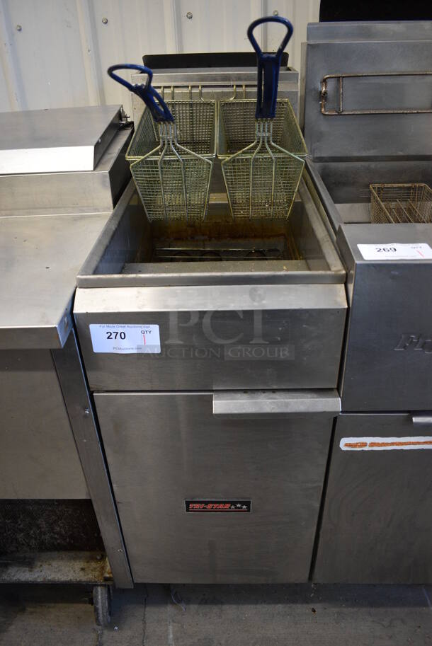 NICE! Tri Star Model TSF-S-4050-N Stainless Steel Commercial Floor Style Natural Gas Powered Deep Fat Fryer w/ 2 Metal Fry Baskets. 38,000 BTU. 15.5x32x47 - Image 1 of 7
