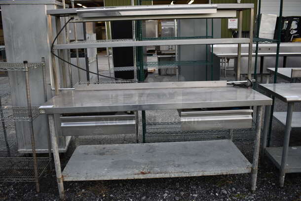 Stainless Steel Commercial Table w/ Double Overshelf, Undershelf and 2 Drawers. 72x30x64