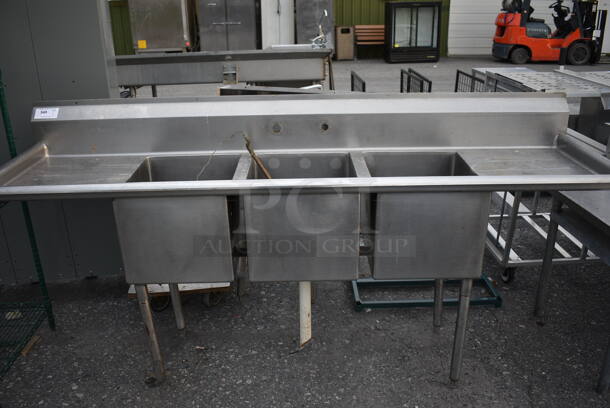 Stainless Steel Commercial 3 Bay Sink w/ Dual Drainboards. 91x25x44. Bays 16x19x14. Drainboards 18x21x2