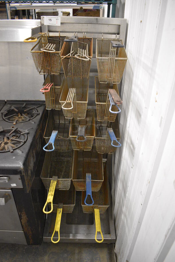 Stainless Steel Commercial Floor Style Fry Basket Rack w/ 15 Various Metal Fry Baskets on Commercial Casters. 21x26x62