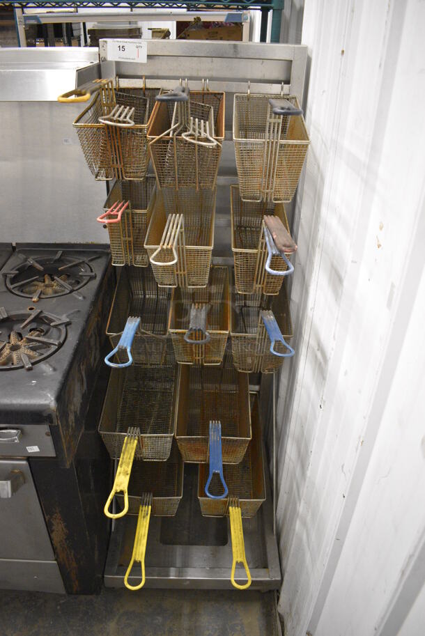 Stainless Steel Commercial Floor Style Fry Basket Rack w/ 15 Various Metal Fry Baskets on Commercial Casters. 21x26x62 - Image 1 of 7
