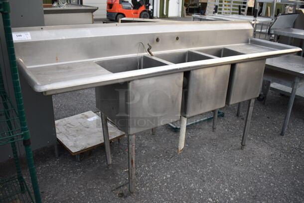 Stainless Steel Commercial 3 Bay Sink w/ Dual Drainboards. 91x25x44. Bays 16x19x14. Drainboards 18x21x2 - Image 3 of 6