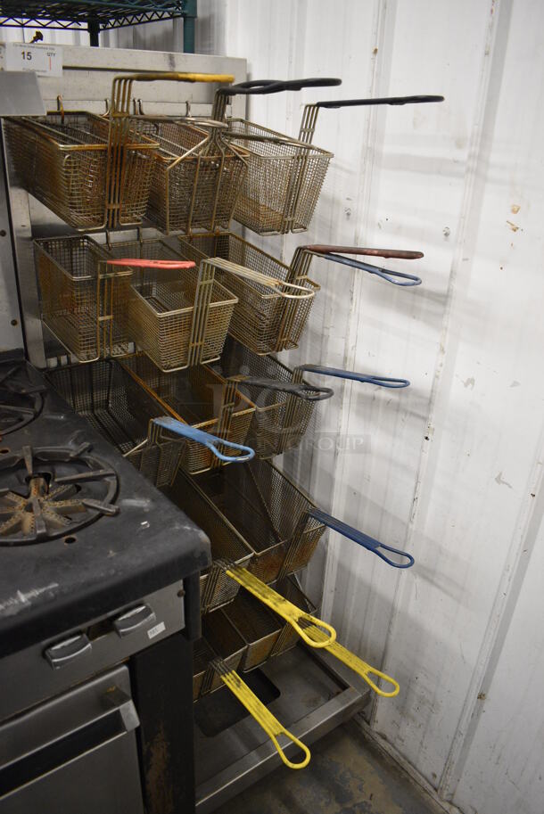 Stainless Steel Commercial Floor Style Fry Basket Rack w/ 15 Various Metal Fry Baskets on Commercial Casters. 21x26x62 - Image 3 of 7