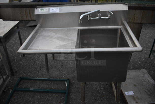 Stainless Steel Commercial Single Bay Sink w/ Left Side Drainboard, Faucet and Handles. 39x23x45. Bay 18x18x14. Drainboard 17x20x2