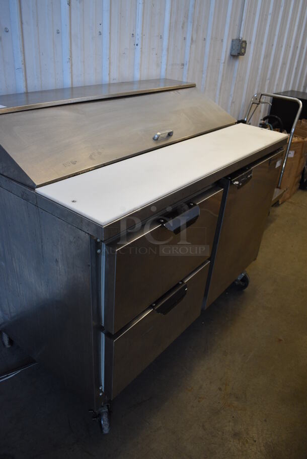 NICE! Beverage Air Model SPED48-12-2 Stainless Steel Commercial Sandwich Salad Prep Table Bain Marie Mega Top w/ Door and 2 Drawers on Commercial Casters. 115 Volts, 1 Phase. 48x30x42. Tested and Working! - Image 4 of 8
