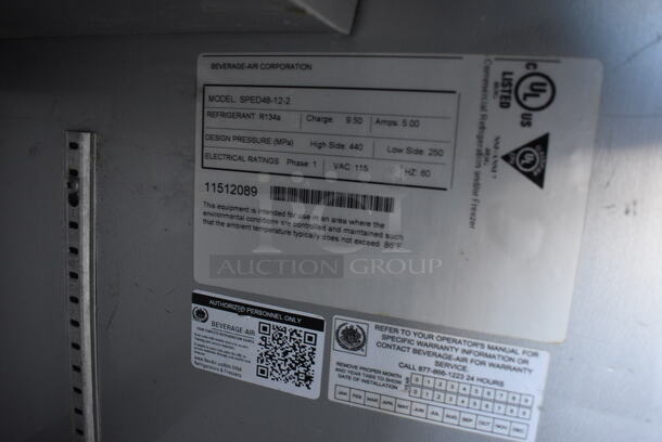 NICE! Beverage Air Model SPED48-12-2 Stainless Steel Commercial Sandwich Salad Prep Table Bain Marie Mega Top w/ Door and 2 Drawers on Commercial Casters. 115 Volts, 1 Phase. 48x30x42. Tested and Working! - Image 7 of 8