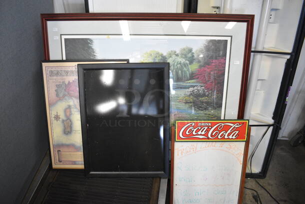 4 Framed Items; Whiteboard, Frame and 2 Pictures; Includes 41.5x1x32.5. 4 Times Your Bid!