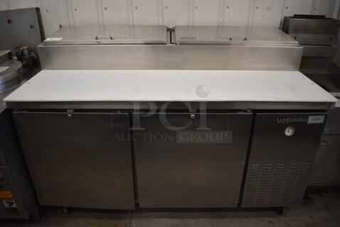 WOW! Continental Model CPT67 Stainless Steel Commercial Pizza Prep Table w/ 2 Lids and 3 Doors on Commercial Casters. 115 Volts, 1 Phase. 67x35x45. Tested and Working!