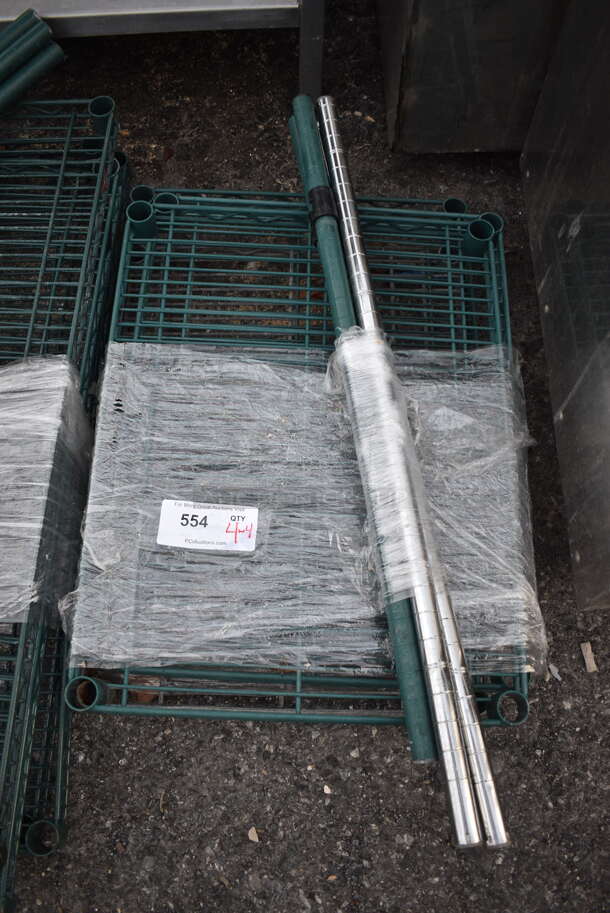 ALL ONE MONEY! Lot of 4 Green and Chrome Finish Metro Style Shelves and 4 Poles! 24x18x1.5, 31", 34" - Image 1 of 4