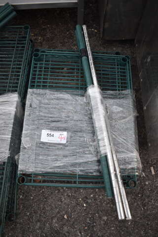 ALL ONE MONEY! Lot of 4 Green and Chrome Finish Metro Style Shelves and 4 Poles! 24x18x1.5, 31", 34"