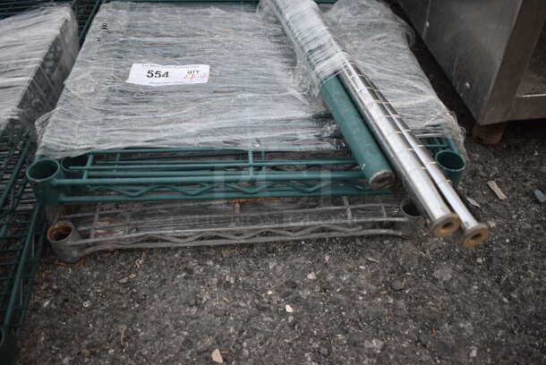 ALL ONE MONEY! Lot of 4 Green and Chrome Finish Metro Style Shelves and 4 Poles! 24x18x1.5, 31", 34" - Image 2 of 4