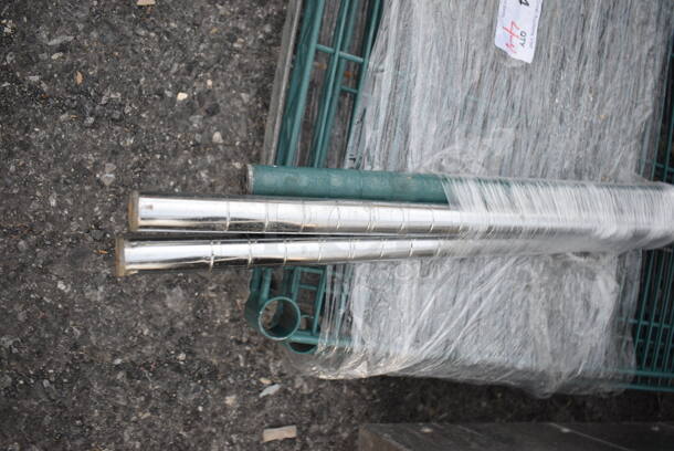 ALL ONE MONEY! Lot of 4 Green and Chrome Finish Metro Style Shelves and 4 Poles! 24x18x1.5, 31", 34" - Image 3 of 4