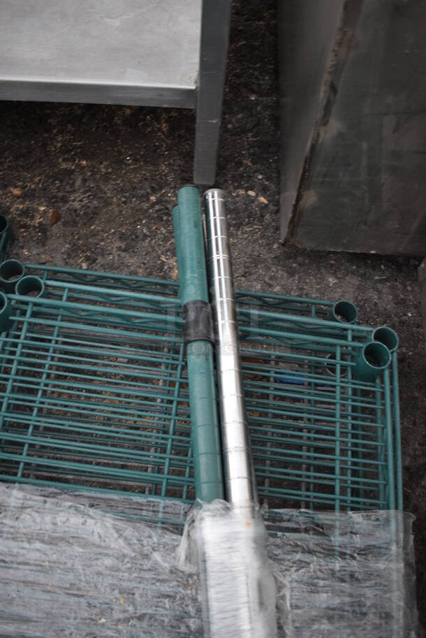 ALL ONE MONEY! Lot of 4 Green and Chrome Finish Metro Style Shelves and 4 Poles! 24x18x1.5, 31", 34" - Image 4 of 4
