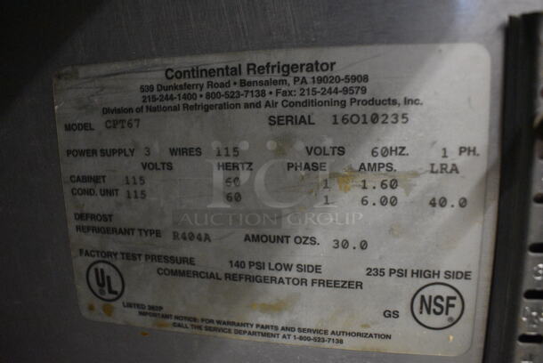 WOW! Continental Model CPT67 Stainless Steel Commercial Pizza Prep Table w/ 2 Lids and 3 Doors on Commercial Casters. 115 Volts, 1 Phase. 67x35x45. Tested and Working! - Image 10 of 11