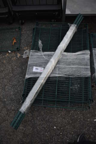 ALL ONE MONEY! Lot of 4 Green Finish Metro Style Shelves and 4 Poles! 36x24x1.5, 54"