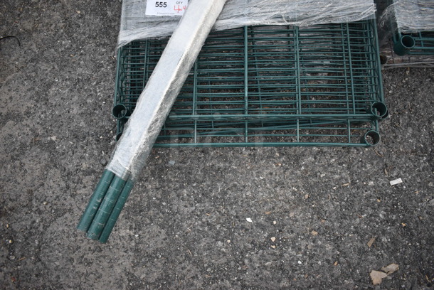 ALL ONE MONEY! Lot of 4 Green Finish Metro Style Shelves and 4 Poles! 36x24x1.5, 54" - Image 2 of 4
