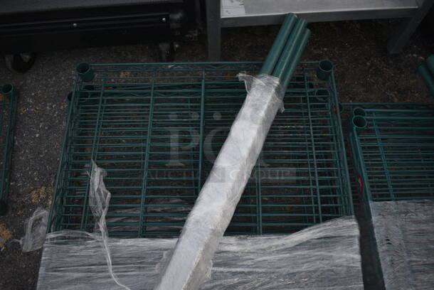 ALL ONE MONEY! Lot of 4 Green Finish Metro Style Shelves and 4 Poles! 36x24x1.5, 54" - Image 3 of 4