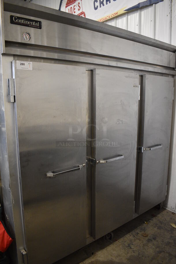 GREAT! Continental Model 3R Stainless Steel Commercial 3 Door Reach In Cooler on Commercial Casters. 115 Volts, 1 Phase. 78.5x36x82. Tested and Powers On But Temps at 47 Degrees - Image 3 of 12