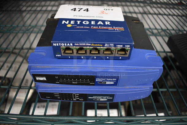 3 Various Items; Netgear Fast Ethernet Switch and 2 Linksys EtherFast Cable DSL. 7x6x2, 4x4x1. 3 Times Your Bid!