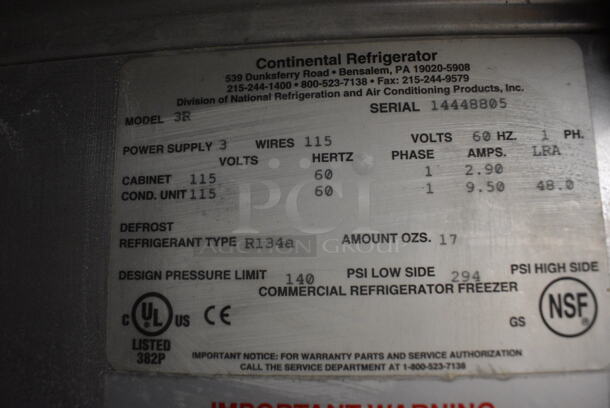 GREAT! Continental Model 3R Stainless Steel Commercial 3 Door Reach In Cooler on Commercial Casters. 115 Volts, 1 Phase. 78.5x36x82. Tested and Powers On But Temps at 47 Degrees - Image 11 of 12