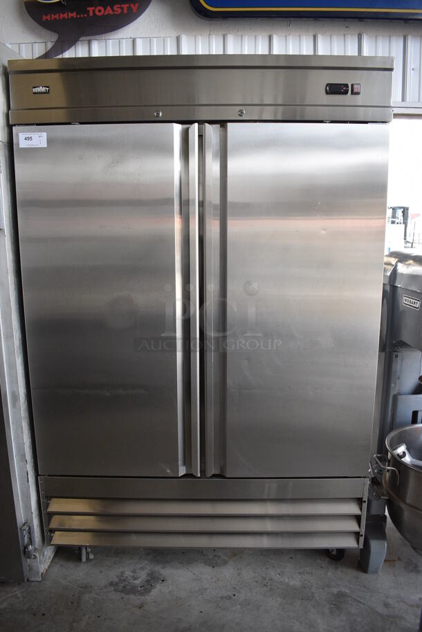 SWEET! Summit Model SCRR490 Stainless Steel Commercial 2 Door Reach In Cooler w/ Poly Coated Racks on Commercial Casters. 115 Volts, 1 Phase. 54x33x82.5. Tested and Working!