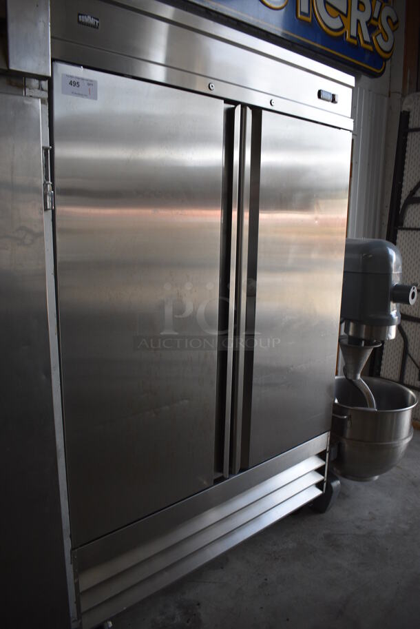 SWEET! Summit Model SCRR490 Stainless Steel Commercial 2 Door Reach In Cooler w/ Poly Coated Racks on Commercial Casters. 115 Volts, 1 Phase. 54x33x82.5. Tested and Working! - Image 3 of 7