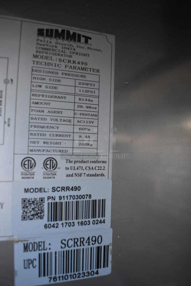 SWEET! Summit Model SCRR490 Stainless Steel Commercial 2 Door Reach In Cooler w/ Poly Coated Racks on Commercial Casters. 115 Volts, 1 Phase. 54x33x82.5. Tested and Working! - Image 7 of 7
