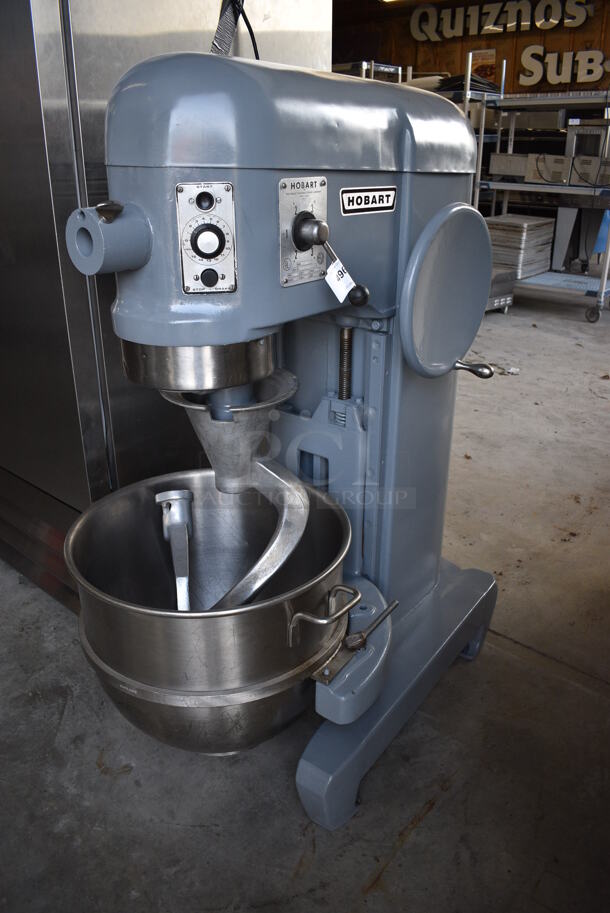 FANTASTIC! Hobart Model L-800 Metal Commercial Floor Style 80 Quart Planetary Mixer w/ Stainless Steel Mixing Bowl, Dough Hook and Paddle Attachments. 208 Volts, 3 Phase. 28x43x55