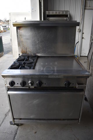 GREAT! Tri Star Stainless Steel Commercial Natural Gas Powered 2 Burner Range w/ Right Side Flat Top Griddle, Lower Oven and Stainless Steel Overshelf on Commercial Casters. 36x32x57 