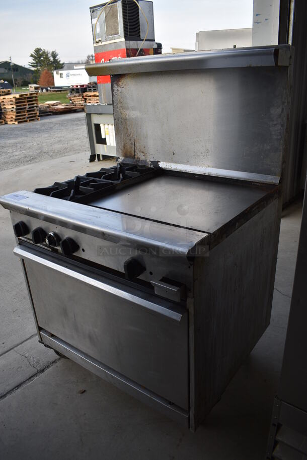 GREAT! Tri Star Stainless Steel Commercial Natural Gas Powered 2 Burner Range w/ Right Side Flat Top Griddle, Lower Oven and Stainless Steel Overshelf on Commercial Casters. 36x32x57  - Image 2 of 7