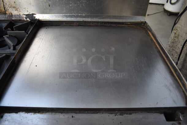 GREAT! Tri Star Stainless Steel Commercial Natural Gas Powered 2 Burner Range w/ Right Side Flat Top Griddle, Lower Oven and Stainless Steel Overshelf on Commercial Casters. 36x32x57  - Image 5 of 7