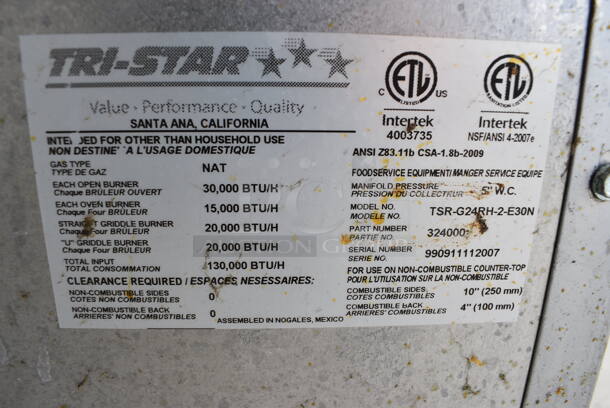 GREAT! Tri Star Stainless Steel Commercial Natural Gas Powered 2 Burner Range w/ Right Side Flat Top Griddle, Lower Oven and Stainless Steel Overshelf on Commercial Casters. 36x32x57  - Image 7 of 7