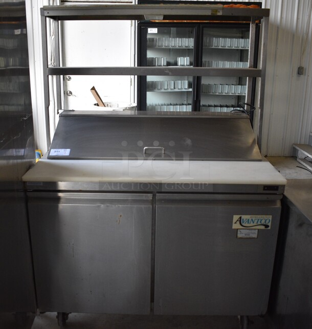WOW! Avantco Model 178SCL2 Stainless Steel Commercial Sandwich Salad Prep Table Bain Marie Mega Top w/ Double Overshelf on Commercial Casters. 115 Volts, 1 Phase. 47x30x65. Tested and Powers On But Temps at 53 Degrees
