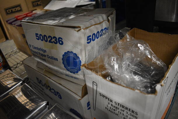 ALL ONE MONEY! Lot of 3 Boxes of Various Items Including Stirrer Straws and Paper Doilies! - Image 2 of 2